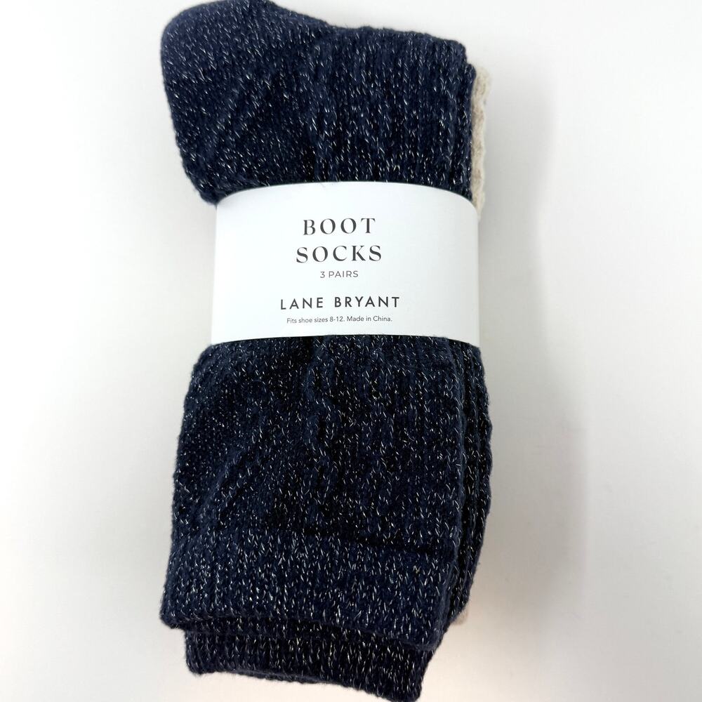 Lane Bryant Shoe Size 8-12 Metallic Knit Boot Socks Three Pack Navy Cream New